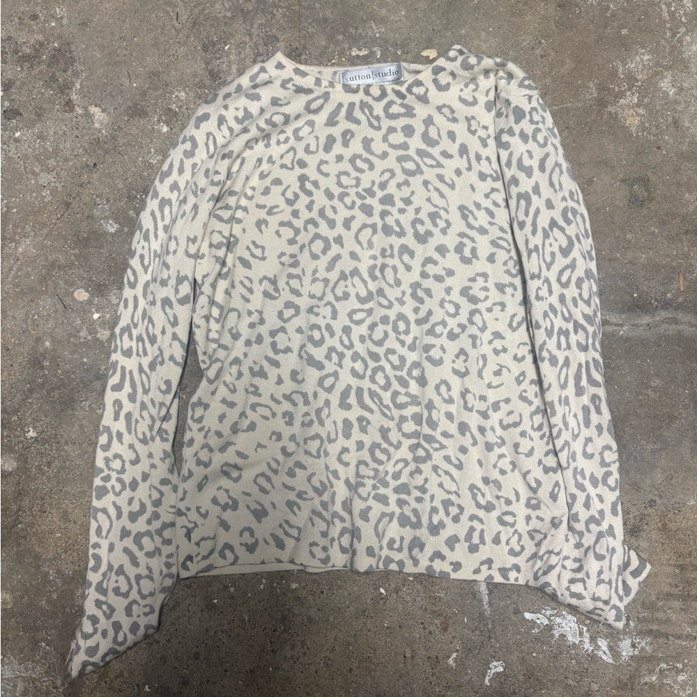 Sutton Studio Cream and Gray Leopard Sweater
